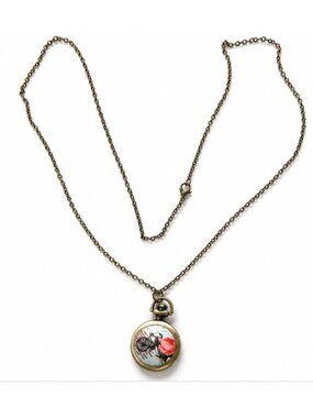 Vintage Style Locket Necklace with Watch Clock  Floral Bicycle Design Pendant